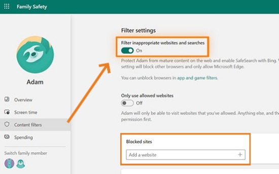 filter settings on Microsoft Family Safety