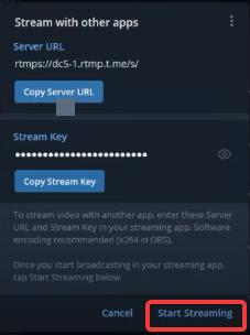 Start Streaming option on Telegram