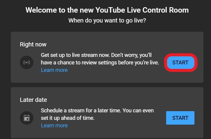 choose Right Now for YouTube streaming