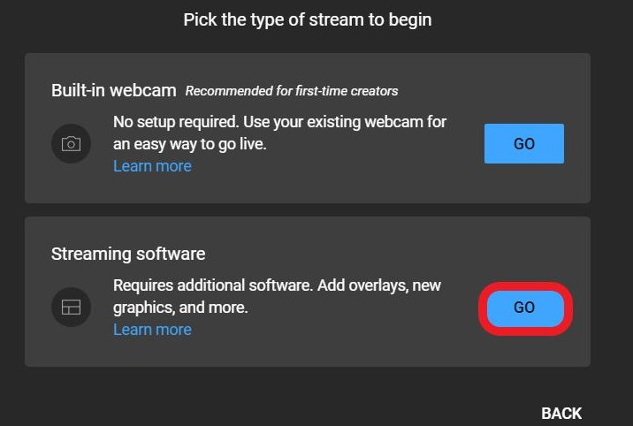 select Streaming Software on YouTube