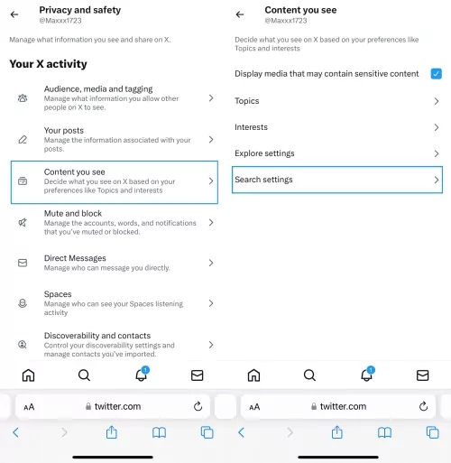 twitter search settings on mobile