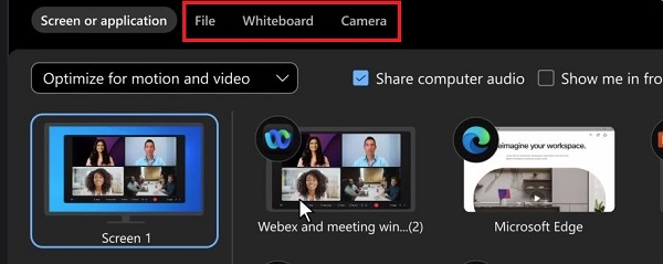 Webex screen sharing options