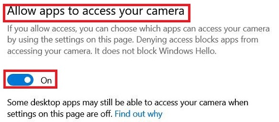 Windows Allow apps to access your camera