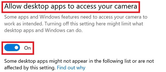 Windows Allow desktop apps to access your camera