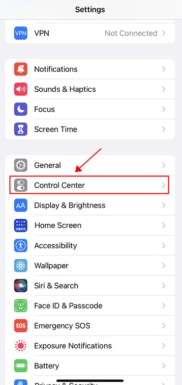open Control Center Settings on iPhone