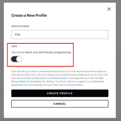 Criar um perfil do Hulu para crianças