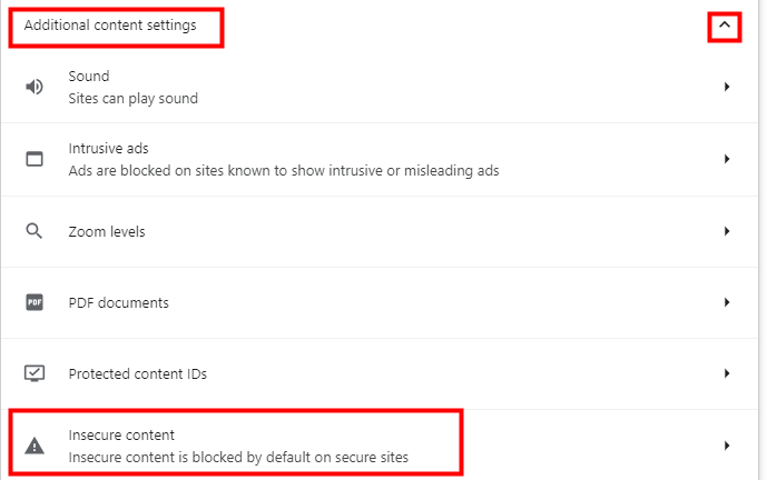 Google Chrome insecure content settings