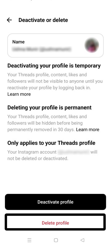 Delete profile in Threads