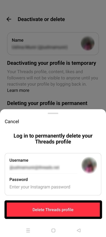 confime deleting account in Threads