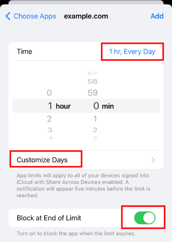 how to block sites for a period of time on iPhone