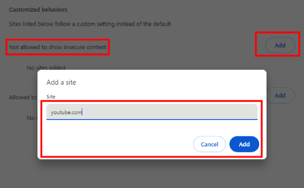 add YouTube website to block its insecure content