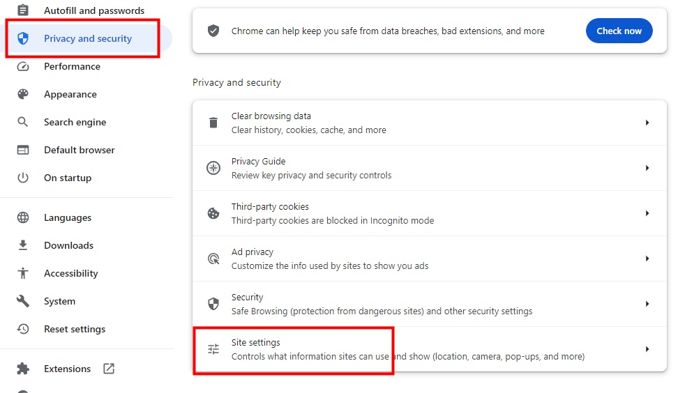 Google Chrome Site Settings