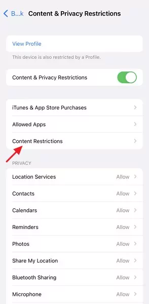 tap content restrictions on iPhone screen time