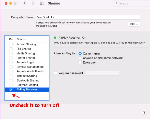 turn off AirPlay Receiver on Mac