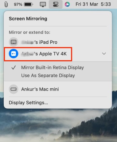 choose Apple TV on Mac