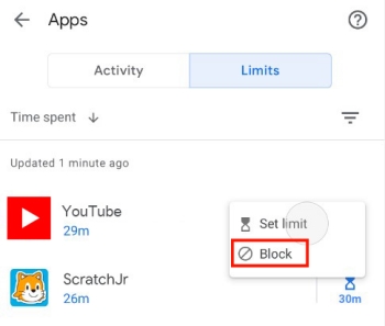 app limits on Google Family Link