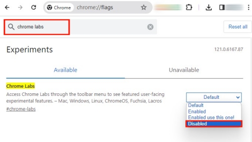 disabled Chrome labs
