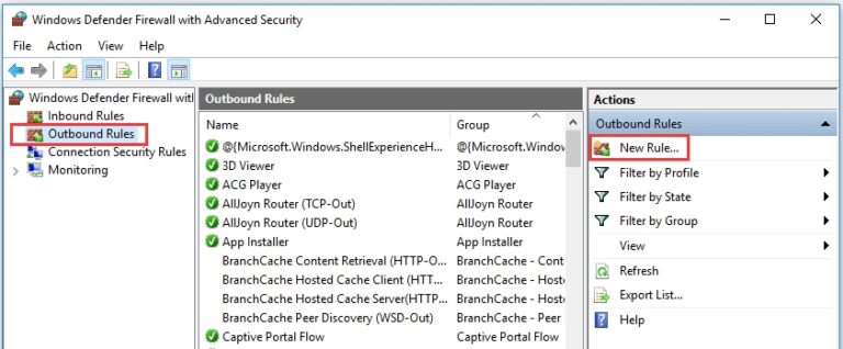 outbound rules on Windows Firewall