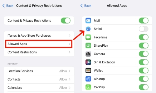 remove Safari from allowed apps