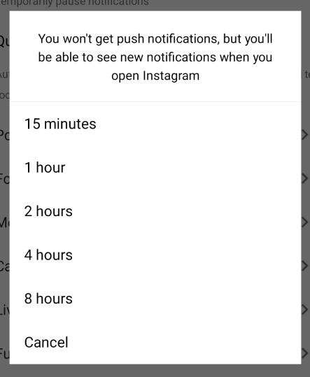 select timespan to stop Instagram notifications