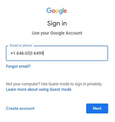 sign in Google Account with phone number
