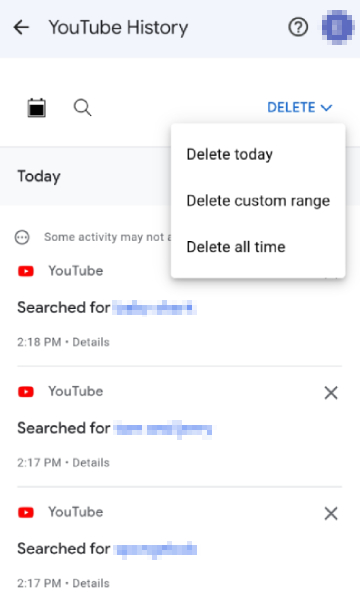YouTube app delete search history