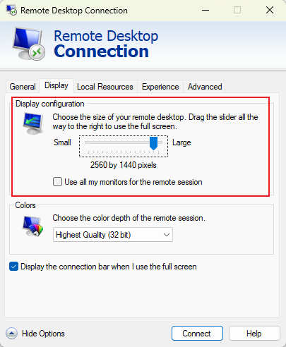 change resolution remote desktop Windows
