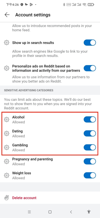 ads categories on Reddit