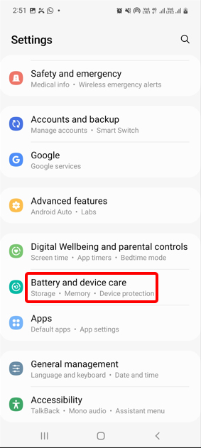 configuración cuidado de la batería y el dispositivo reinicio automático Samsung