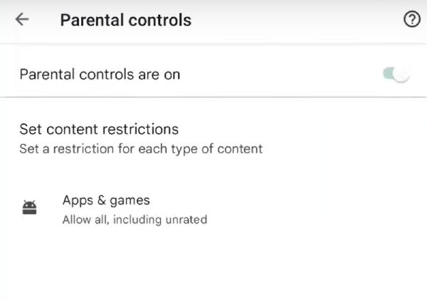 Botão de controle dos pais do Google Play