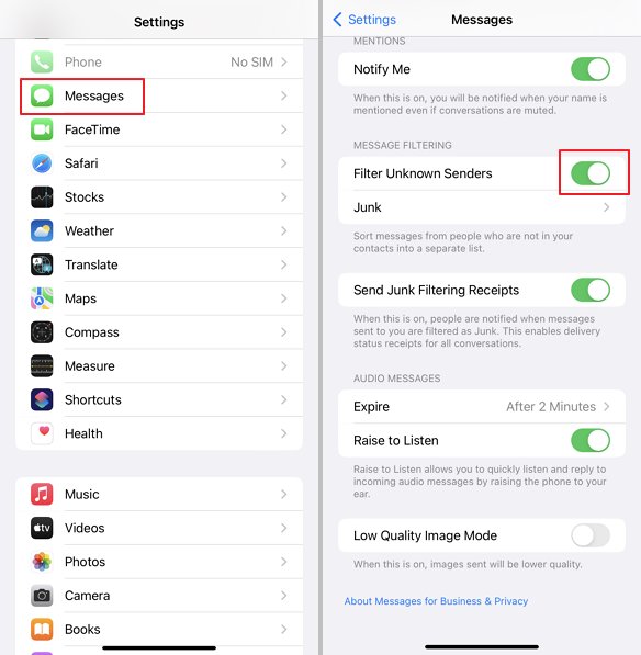 block text messages from all unknown numbers on iPhone