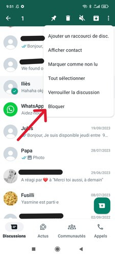 Bloquer un contact sur WhatsApp