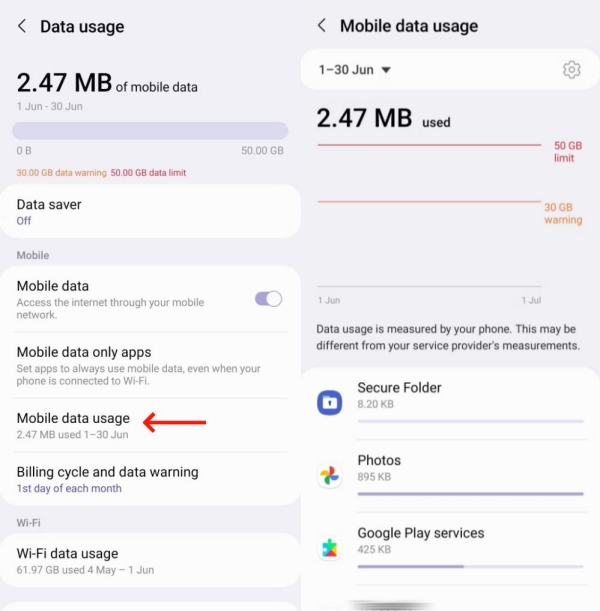 check data usage by app on Samsung