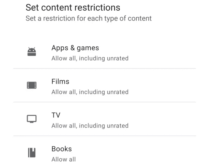 select what to restrict on Google Play on Android tablet