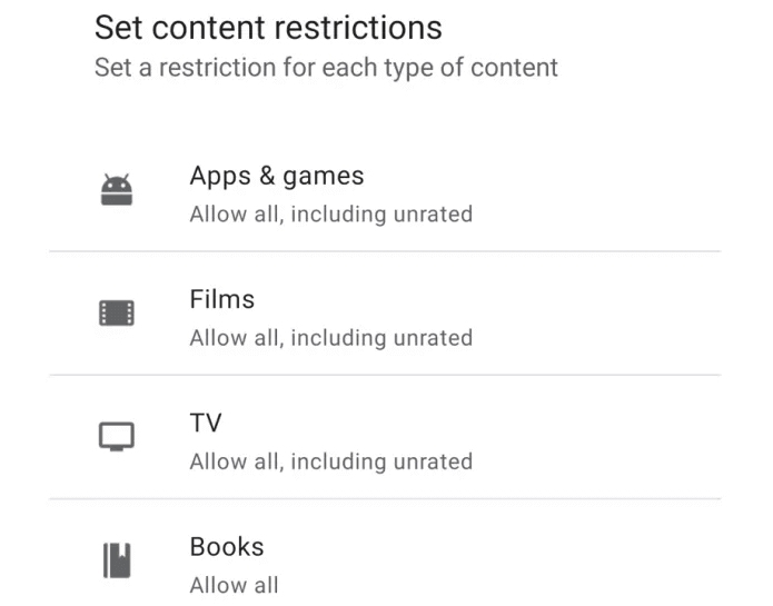 sélectionnez quoi restreindre sur Google Play sur tablette Android