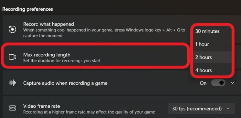 recording length settings in Game Bar