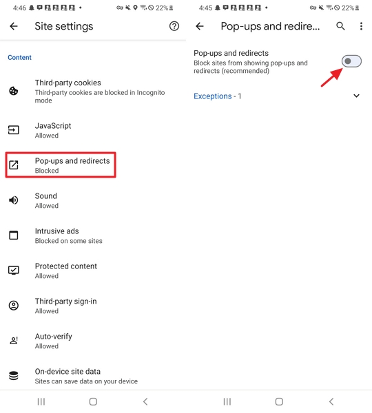 disable the pop up blocker on Chrome Android