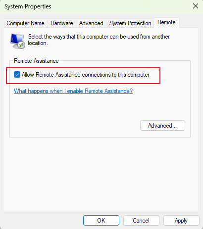 Allow Remote Assistance connections to this computer