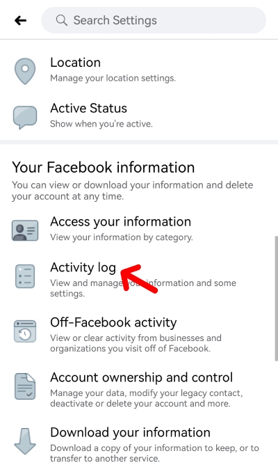 Facebook activity log button