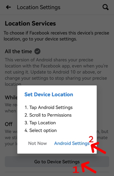 Facebook location go to device settings
