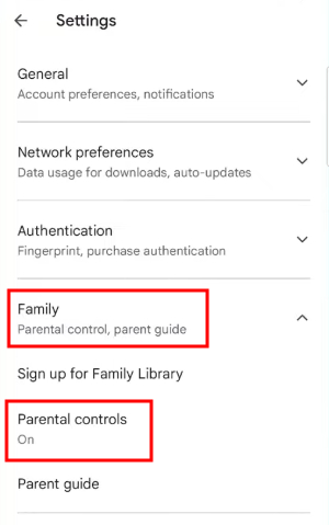 Google Play Family Parental controls button
