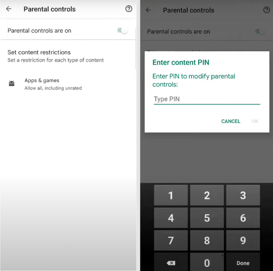 introduzca la contraseña para desactivar los controles parentales de Google Play
