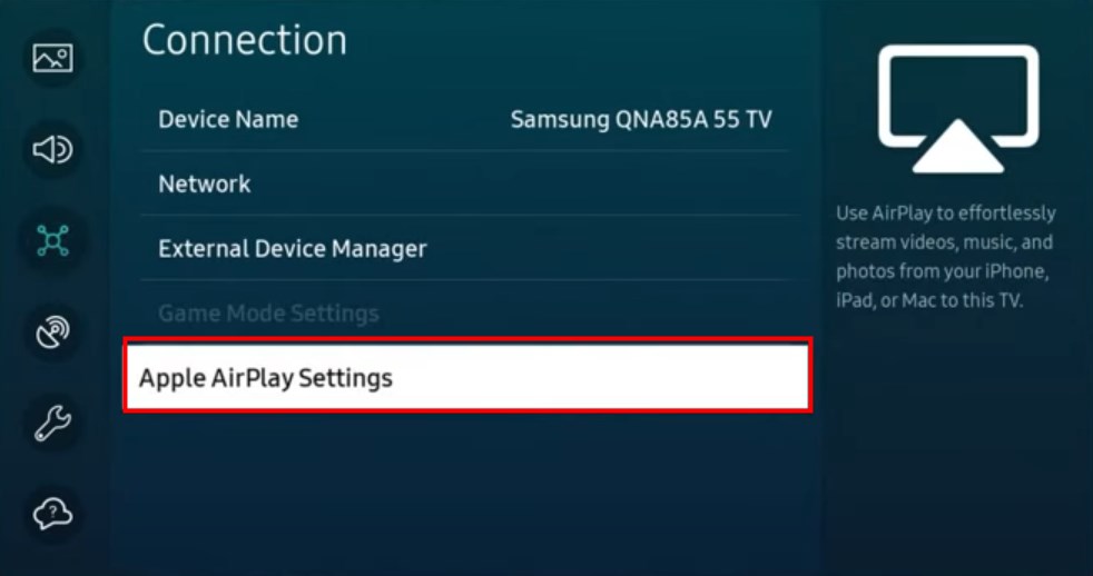 Apple AirPlay Settings on Samsung TV