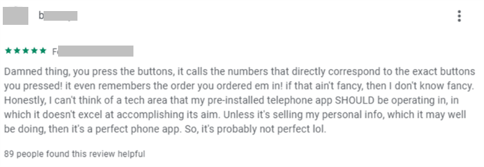 Recensione dell'utente di Phone by Google