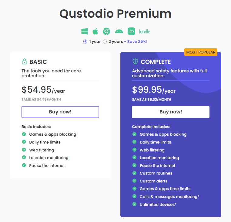 Plans premium de Qustodio