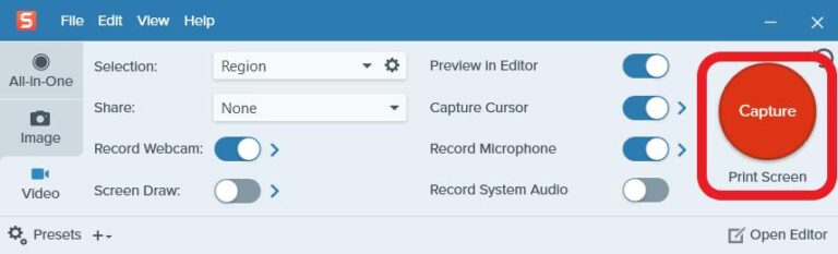 Capture to record Windows in Snagit
