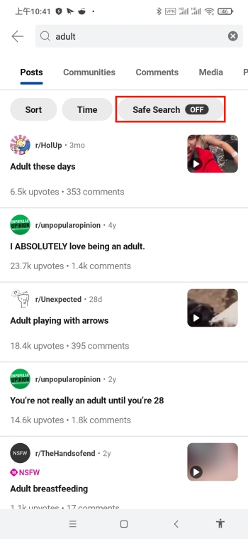 Safe Search button on Reddit