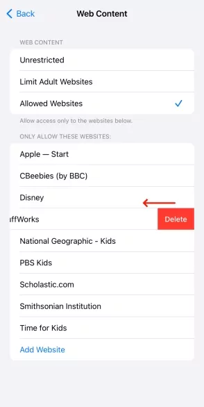 remove allowed websites on iPhone