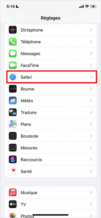 Safari dans Reglages