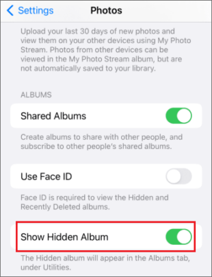 show hidden album in iphone settings app